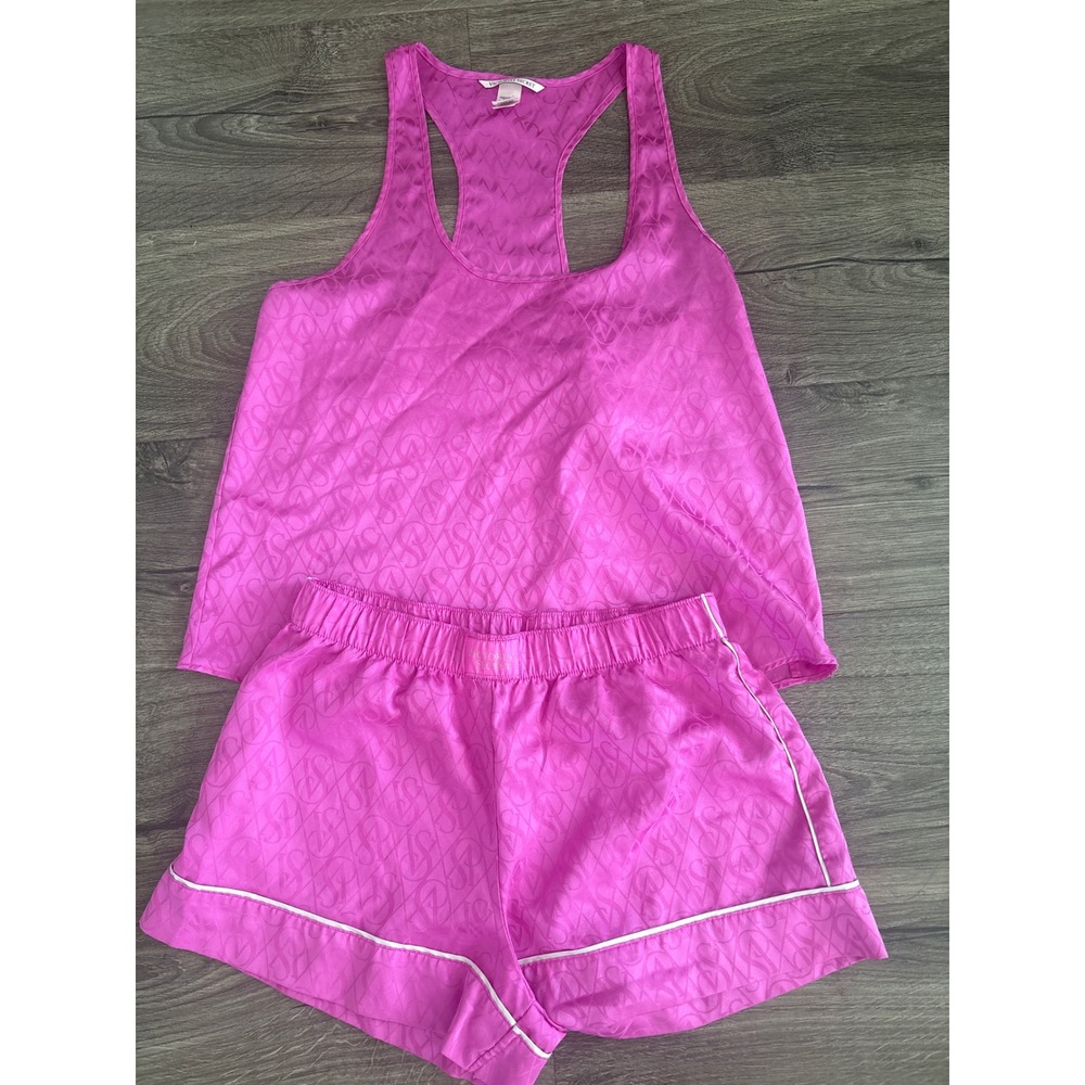 Victorias Secret Pink Satin Monogram Pajama Set Tank and Shorts Small